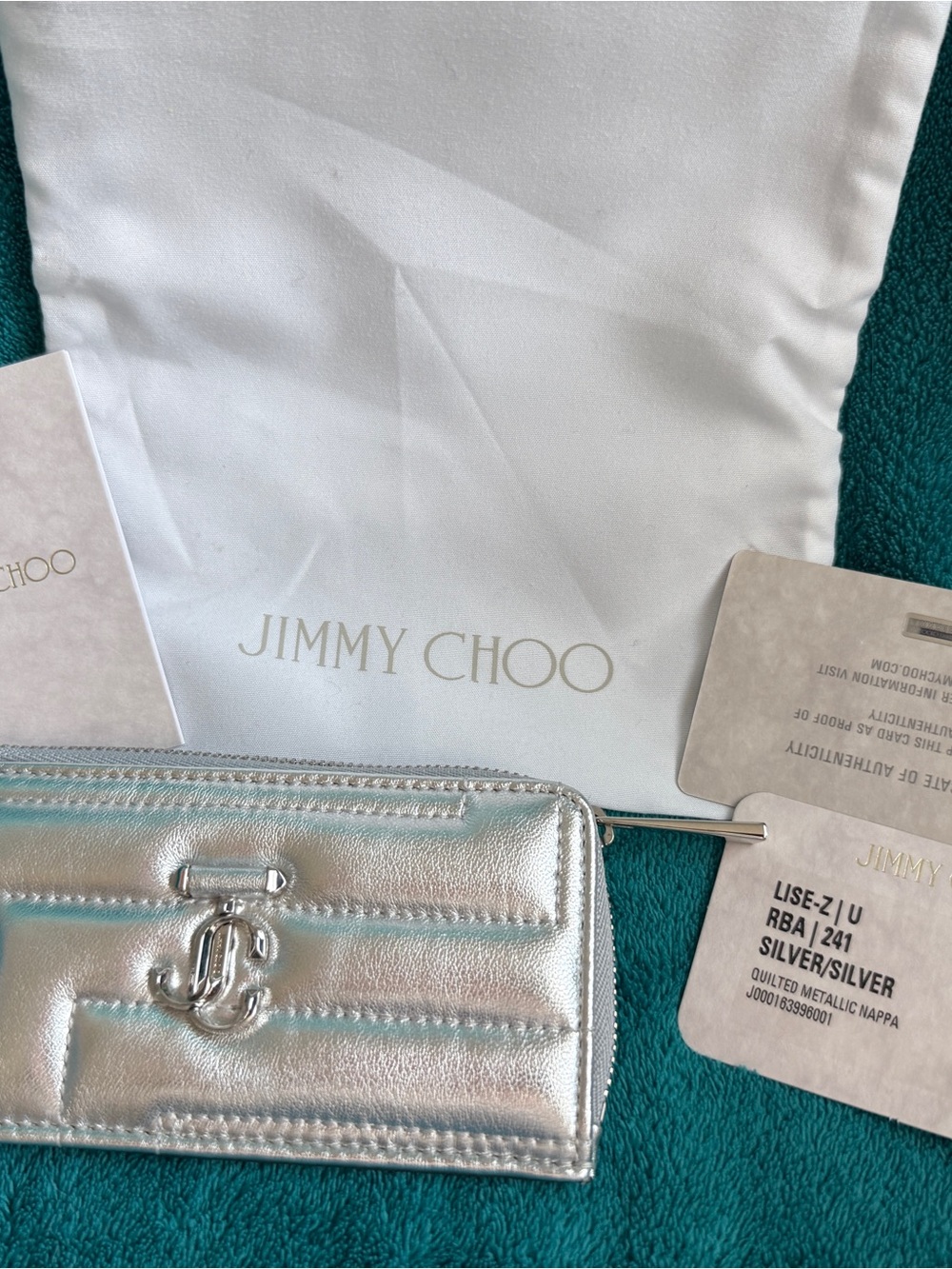 JIMMY CHOO Card Case Quilted Metallic Nappa Silver LISE-Z U COA NEW w/dust bag